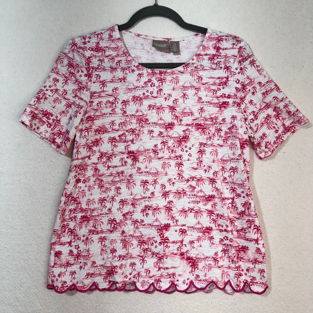 Chico's Pink Palm Tree Tropical Hawaiian Crew T-Shirt Scallop Hem Size 0/Small